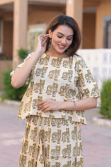 Women's Hand-Block Style Tiger Print Top & Skirt Set