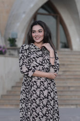 Everyday Drama: Flared Black & Beige Hand-Block Printed Dress