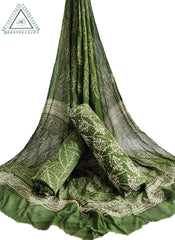 EXQUISITE GREEN CHIFFON DUPATTA SET WITH HAND BLOCK PRINTS(3-PIECE SET)