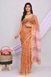 PATCH-STYLE KOTA DORIA SAREE WITH TRADITIONAL MOTIF PALLU – RUST & BEIGE