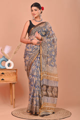 ROYAL BLUE & BEIGE HANDBLOCK KOTA DORIYA SAREE WITH ZARI BORDER