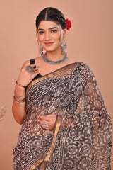 HANDCRAFTED BLACK & WHITE KOTA DORIYA SAREE WITH ZARI BORDER