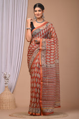 RUST RED HANDCRAFTED KOTA DORIA SAREE WITH ZARI BORDER & TRADITIONAL PRINT