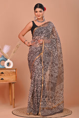 HANDCRAFTED BLACK & WHITE KOTA DORIYA SAREE WITH ZARI BORDER