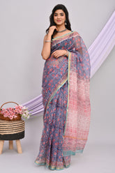 FLORAL PRINTED KOTA DORIA SAREE WITH ELEGANT ZARI BORDER – BLUE & PINK