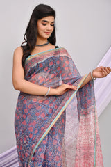 FLORAL PRINTED KOTA DORIA SAREE WITH ELEGANT ZARI BORDER – BLUE & PINK