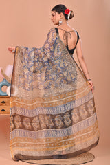 ROYAL BLUE & BEIGE HANDBLOCK KOTA DORIYA SAREE WITH ZARI BORDER