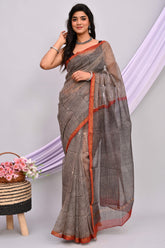GEOMETRIC BLOCK PRINTED KOTA DORIA SAREE WITH RUST BORDER – MONOCHROME ELEGANCE