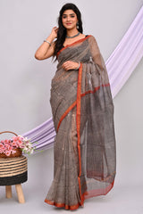 GEOMETRIC BLOCK PRINTED KOTA DORIA SAREE WITH RUST BORDER – MONOCHROME ELEGANCE
