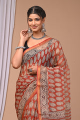 RUST RED HANDCRAFTED KOTA DORIA SAREE WITH ZARI BORDER & TRADITIONAL PRINT