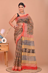 ELEGANT PRINTED KOTA DORIA SAREE WITH RED ZARI BORDER & MULTI-PATTERNED PALLU