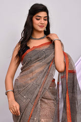 GEOMETRIC BLOCK PRINTED KOTA DORIA SAREE WITH RUST BORDER – MONOCHROME ELEGANCE