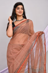 MINIMALIST STRIPED KOTA DORIA SAREE WITH SUBTLE ZIGZAG BORDER – RUST & BLACK