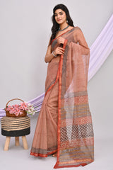 MINIMALIST STRIPED KOTA DORIA SAREE WITH SUBTLE ZIGZAG BORDER – RUST & BLACK