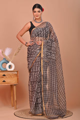 BLACK HANDCRAFTED KOTA DORIA SAREE WITH GOLDEN ZARI BORDER & WHITE FLORAL PRINT