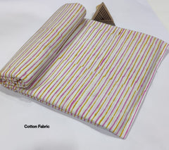 WHITE COTTON HAND BLOCK FABRIC PINK & MUSTARD STRIPE PATTERN
