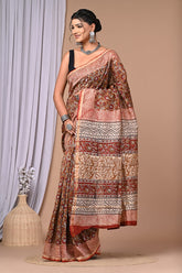 RUST & BEIGE MULTICOLOR HANDBLOCK PRINTED CHANDERI SAREE