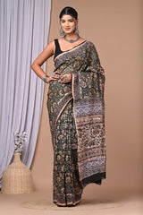 ELEGANT GREEN & BEIGE HANDBLOCK PRINTED CHANDERI SAREE