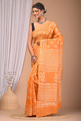 GRACEFUL ORANGE CHANDERI COTTON SAREE WITH WHITE HANDBLOCK PRINT