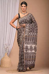 ELEGANT BLACK & BEIGE DABU HANDBLOCK PRINTED CHANDERI SAREE
