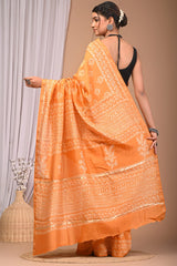 GRACEFUL ORANGE CHANDERI COTTON SAREE WITH WHITE HANDBLOCK PRINT