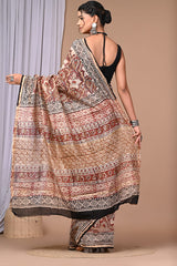 CLASSIC CREAM & MAROON HANDBLOCK PRINTED CHANDERI SAREE