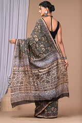 ELEGANT GREEN & BEIGE HANDBLOCK PRINTED CHANDERI SAREE