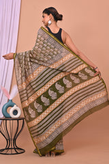 OLIVE GREEN & BEIGE CHANDERI SILK SAREE WITH TRIBAL BLOCK PRINT