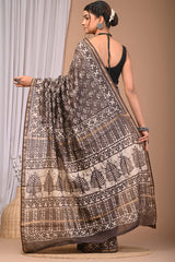 ELEGANT BLACK & BEIGE DABU HANDBLOCK PRINTED CHANDERI SAREE