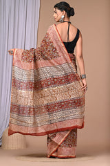 RUST & BEIGE MULTICOLOR HANDBLOCK PRINTED CHANDERI SAREE