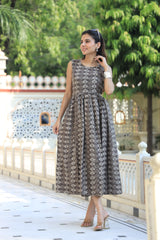 Elegant Brown and White Floral Print Fit and Flare Dress