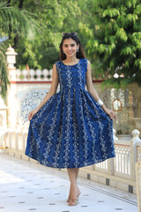 Elegant Blue Rose Print Fit and Flare Dress