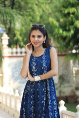 Elegant Blue Rose Print Fit and Flare Dress