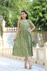 Vibrant Green Geometric Print Fit and Flare Dress