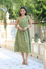 Vibrant Green Geometric Print Fit and Flare Dress