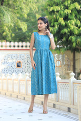 Elegant Blue Abstract Print Fit and Flare Dress