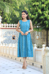 Elegant Blue Abstract Print Fit and Flare Dress