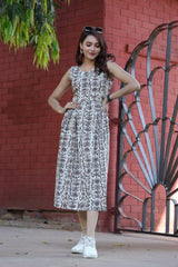 Neutral Beige Abstract Print Fit and Flare Dress