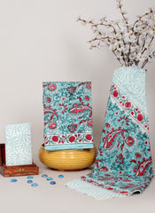HANDBLOCK PRINTED COTTON DRESS MATERIAL SKY BLUE WITH RED & WHITE FLORAL MOTIFS
