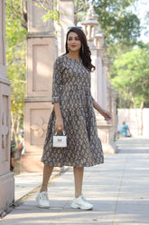 BROWN HANDBLOCK PRINT COTTON MIDI DRESS FOR WOMEN