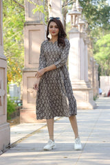 BROWN HANDBLOCK PRINT COTTON MIDI DRESS FOR WOMEN