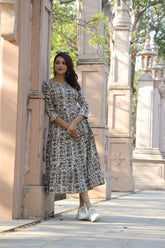 BROWN HANDBLOCK PRINT COTTON MIDI DRESS FOR WOMEN