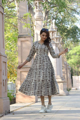 BROWN HANDBLOCK PRINT COTTON MIDI DRESS FOR WOMEN