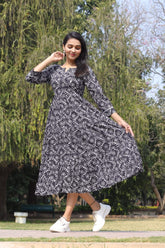 BLACK & WHITE ABSTRACT PRINT COTTON MAXI DRESS FOR WOMEN