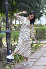 WHITE & MUSTARD HANDBLOCK PRINT COTTON MAXI DRESS FOR WOMEN