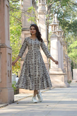 BROWN HANDBLOCK PRINT COTTON MIDI DRESS FOR WOMEN
