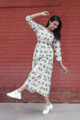 FLORAL PRINTED WHITE COTTON MAXI DRESS FOR WOMEN