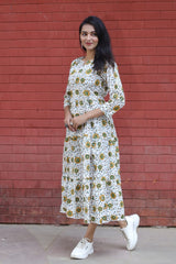 FLORAL PRINTED WHITE COTTON MAXI DRESS FOR WOMEN