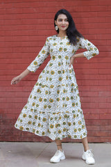 FLORAL PRINTED WHITE COTTON MAXI DRESS FOR WOMEN