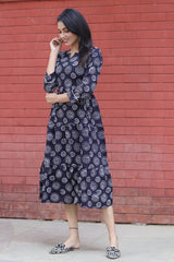 BLACK & WHITE ABSTRACT PRINT COTTON MAXI DRESS FOR WOMEN